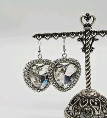 Heart Crystal Earring Silver Tone Pierced Dangle Couture Rhinestone 3D 2.5 in