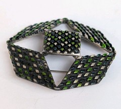 Vintage Antiqued Silver Ornate Email Design Geometric Octagon Brooch / Pin
