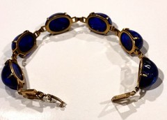 VTG CZECH 60s POURED Cobalt Foiled GLASS Hi Dome BULLET CABOCHON Panel BRACELET