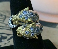 Thai White & Yellow Gold Vermeil Tanzanite & Rhodolite Garnet Snow Leopards Ring
