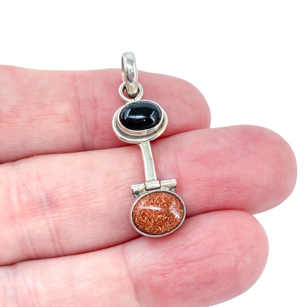 Black Onyx & Goldstone Hinged Pendant | Vintage Sterling Silver 925
