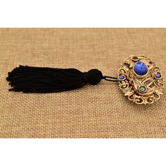Vintage Cabochon Tassel Pin Brooch Lightweight Antiqued Gold Blue Black BinBG