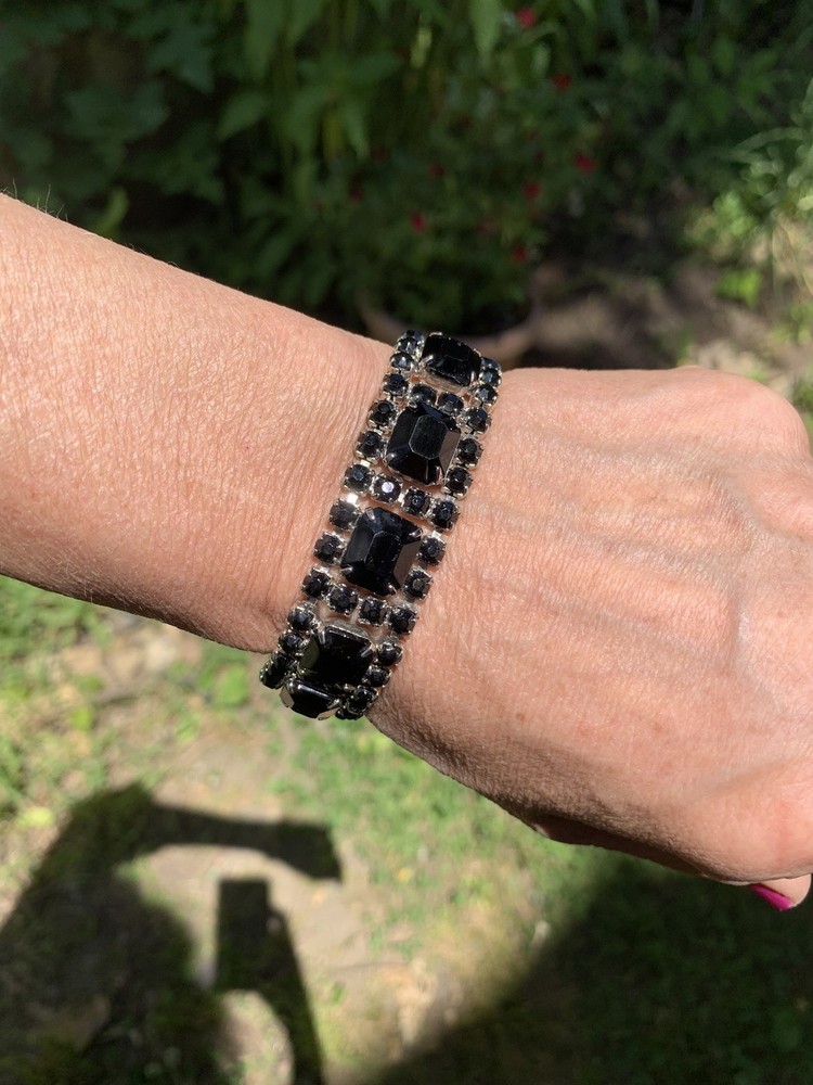 Estate Vintage 1960s Rare Wide Black Jet Rhinestone Vintage Bracelet