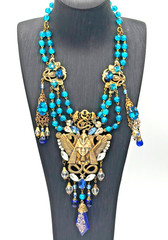Czech Art Glass Necklace Gold Egyptian Motif Blue Drops Statement Jewelry