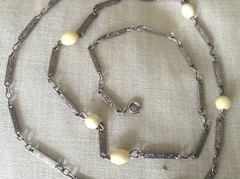 Vintage Sterling Silver Stamped Link Necklace Off White Bead Stations 25″ 13.06g