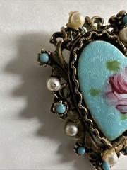 Vintage ART Arthur Pepper Enamel Heart Rhinestone & Pearl Brooch Gold Tone