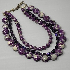 Purple Beaded Necklace Glass Faceted Marble Acrylic Gray Layered Chunky 18″