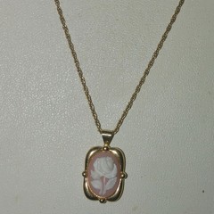 Crown Trifari Necklace Stamp Floral Cameo Pendant Gold Toned Vintage 1950 1970s