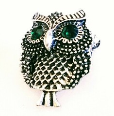RHINESTONE OWL BROOCH!Wise Figural Animal Bird Motif Pin.Green Rhinestone Eyes.