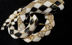 CINER FOR MMA Gold Tone Black White Enamel Coiled Snake Brooch White Rhinestones