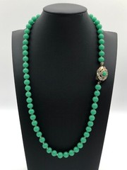 Green Peking Glass Bead Necklace 21″ Knotted 8.25 mm Vintage 1950s MCM