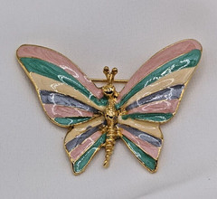 Vintage Butterfly Brooch Pin Pastel Pink Yellow Lavender Enamel Gold Tone Estate