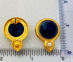 Vintage 1990s Gold Tone Blue Cabochon Faux Pearl Pierced Earrings