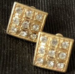 Classic TRIFARI Gold Plated Pierced Earrings Square With Rhinestones .5 Inches