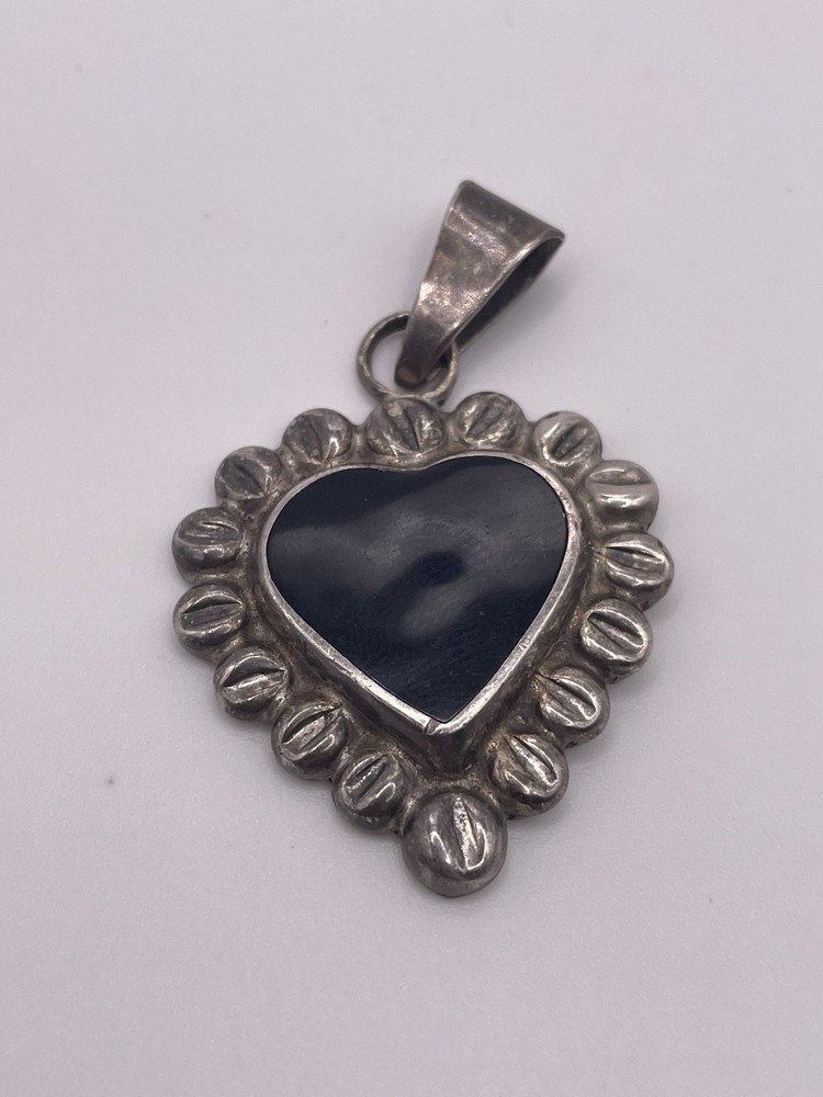 Vintage Sterling Silver Black Onyx Heart Pendant Southwestern Style Signed