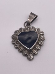 Vintage Sterling Silver Black Onyx Heart Pendant Southwestern Style Signed