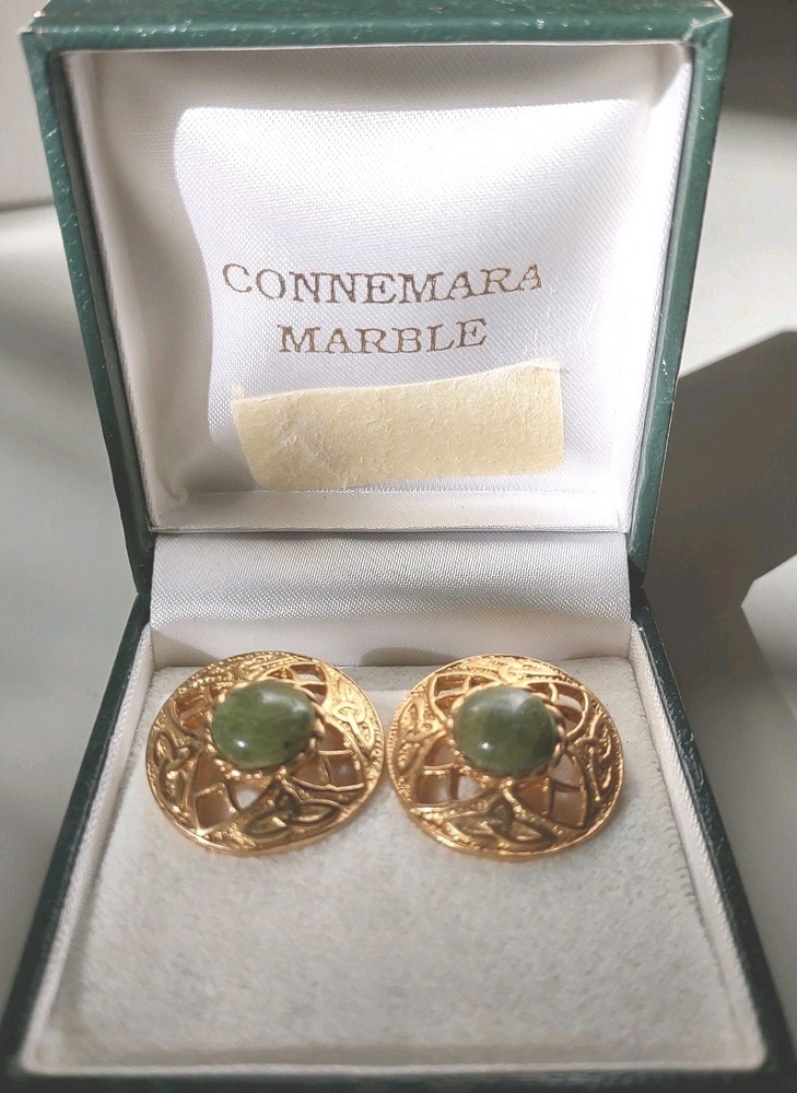 Vintage Connemara Marble And Gold Tone Clip Earrings In Gift Box