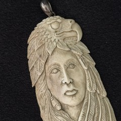 Vintage Native American Woman Eagle Carved Buffalo Bone Pendant