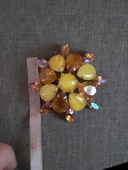 Vintage Yellow Molded Glass & Amber Rhinestone Brooch w/Aurora borealis beads