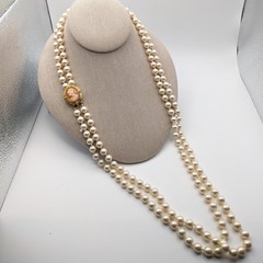 Vintage ERWIN PEARL Double Strand Glass Pearl Necklace Cameo Clasp Opera 23″