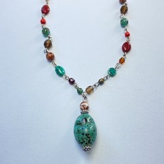 Vintage Napier Retro Faux Turquoise Pendant Beaded Stone Station Y Drop Necklace