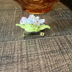 Dorothy Jane Bone China Flower Brooch Pin Signed Green White Purple