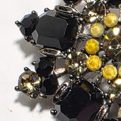 Vintage Flower Rhinestone Brooch 45mm Black Clear Lucite Burst Gunmetal Tone