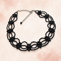 Black Seed Bead Faceted Bead Loop Floral Choker Necklace 15.5 Inch Vintage