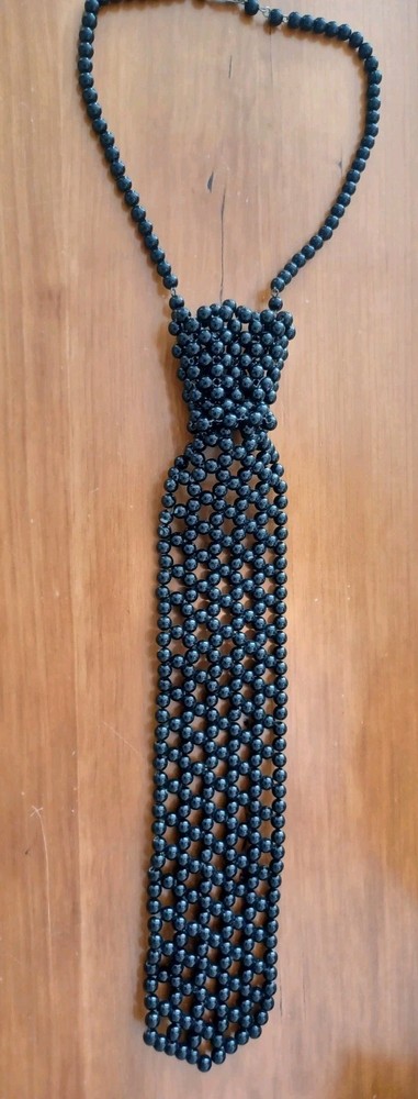 Vintage Necklace Beaded Black Tie