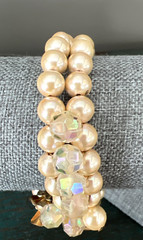 MIRIAM HASKELL FAUX PEARL CRYSTAL RHINESTONE FLOWER WRAP BRACELET / 2 STRAND