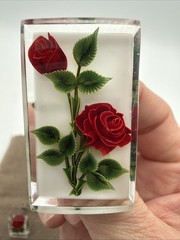 Vintage Lucite Encased Red Rose Green Leaves Screw Back Earrings & Brooch Set
