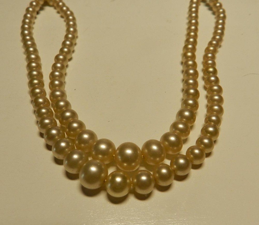 Antique1940s Champagne Ivory Pearl Necklace Bridal Two Strand STERLING Sil Clasp