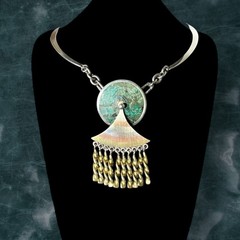 Kinetic Mexican Mid-Century Modernist Necklace Mixed Metals w/ Stone Inlay