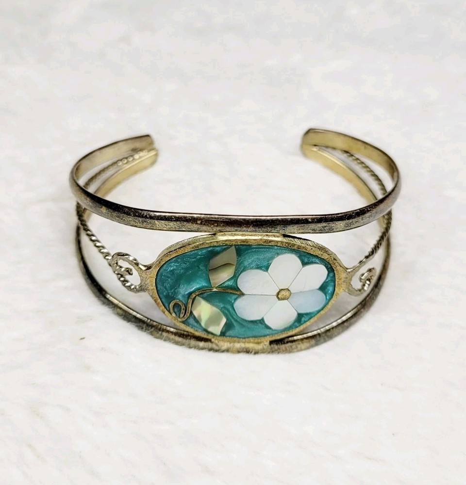 Vintage Alpaca Stained Glass Teal Mother of Pearl Abalone Floral Cuff Bracelet