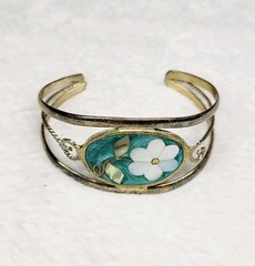 Vintage Alpaca Stained Glass Teal Mother of Pearl Abalone Floral Cuff Bracelet