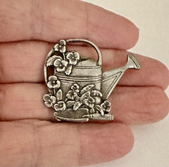 SIGNED Birds & Blooms Garden Watering Can Brooch LE 2000 Silver Tone 1.5”