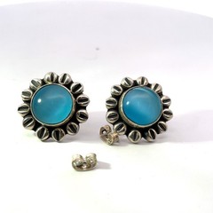 Vintage Sterling Silver Cat’s Eye Blue Glass Cabochon Earrings – 21 mm Diameter