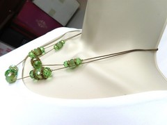 Crystal Glass Bead Necklace Celadon & Green Peridot Color Double Strand Gold Tne