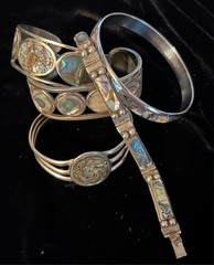 5 pc Vintage 60s 70s Alpaca Silver Mexico Abalone Cuff Bangle Panel Bracelet Lot