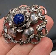 Vtg 800 Silver Made in Israel Blue Art Glass Flower Brooch Pin Trombone Clasp