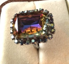 Vintage Aurora Borealis Rhinestone Adjustable Statement Ring Size 6-Plus