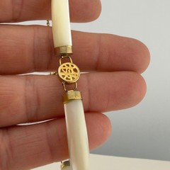 Chinese Longevity Mother Of Pearl Bracelet Safety Chain 7in Gold Tone