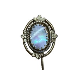 Antique Gold Tone Stick Hat Pin Abalone Iridescent Oval Stone & Leaf Design 3″