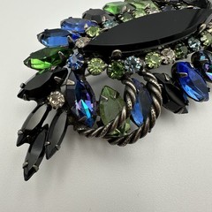 Vintage Rhinestone Brooch Blue Green Black Navette Cabochon Layered Statement
