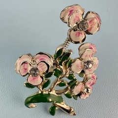 Vintage Enamel Rhinestone Trembler Flower Brooch Pin Pink Green Gold Tone Jiggle