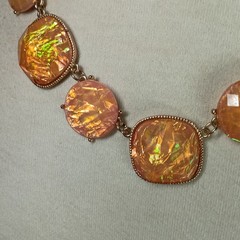 Vintage Statement Necklace, Faux Fire Opal, Orange, Gold Tone Chain, c. 1970s