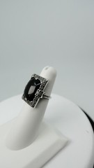 Vintage Black Stone and Markasite Sterling Silver Ring Etched Size 5.5