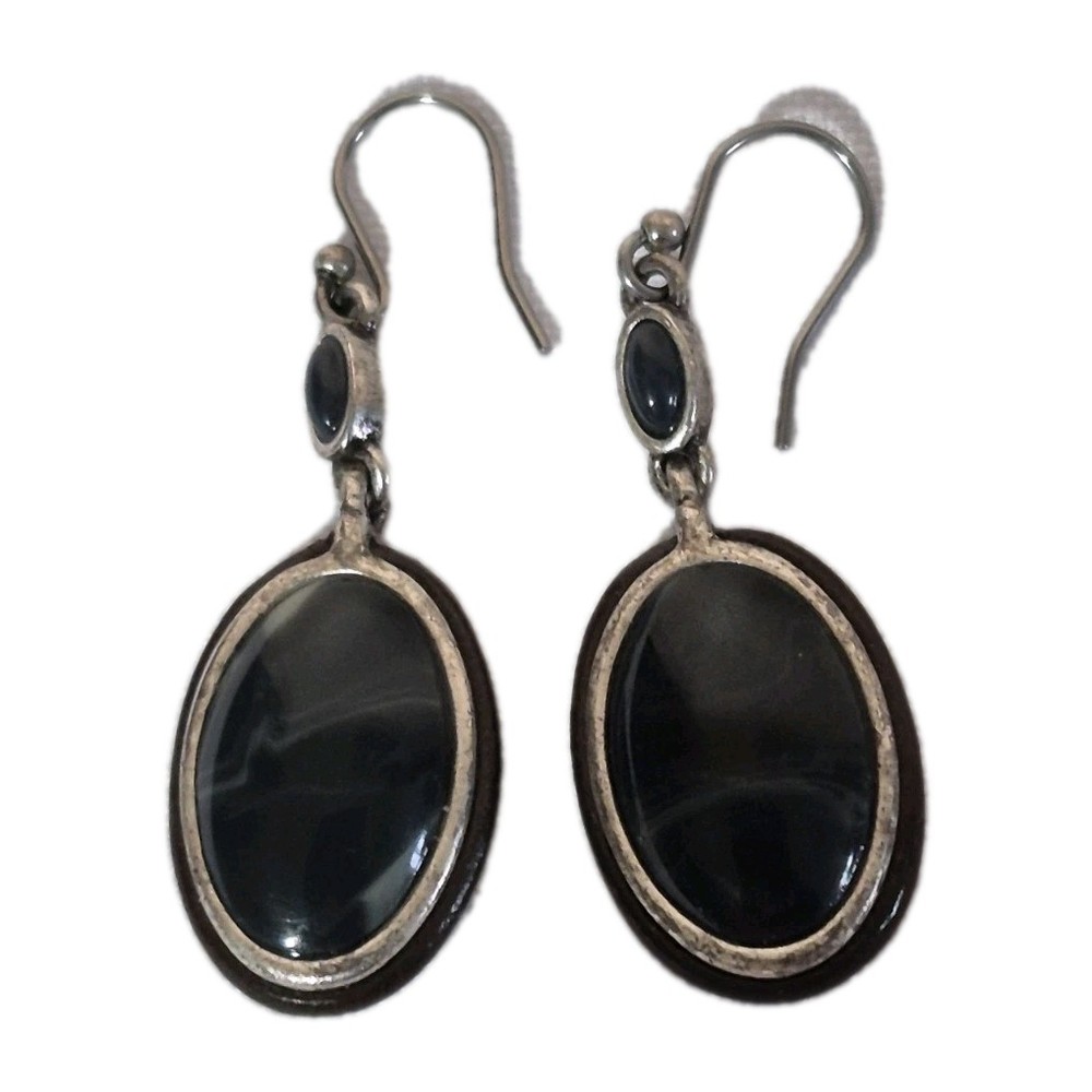 Silver Tone Dark Blue Grey Agate Dangle Earrings Pierced Hooks Vintage