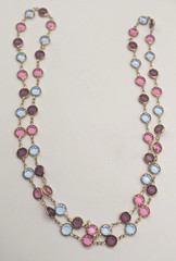 Vintage Gold Tone Pink Blue Purple Crystal Station Necklace Bezel 36in