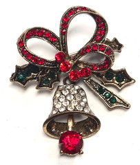 Modern Festive Rhinestone Christmas Holly Dangle Bell With Ribbon Pin / Brooch